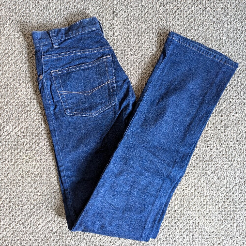 Retro long blue flared pants, high waist – tall; stretchable